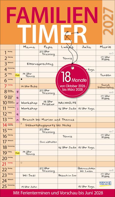 Große Überschrift: "FAMILIEN TIMER". 
Kreis: "18 Monate von Oktober 2026 bis März 2028". 
Fußzeile: "Mit Ferienterminen und Vorschau bis Juni 2028".