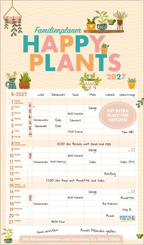 „Familienplaner HAPPY PLANTS 2027“, Kalender mit Pflanzenillustrationen, Termine für August, Platz für Notizen.