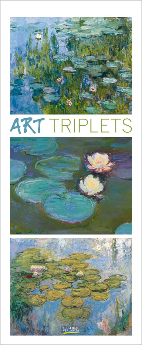 Text: "ART TRIPLETS".  
Illustration: Drei Gemälde von Seerosen auf Wasser, impressionistisch.