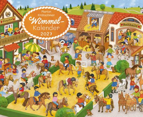 Text: "Marion Krätschmer Wimmel-Kalender 2027". Bunte Illustration eines Ponyhofs mit vielen Pferden und Menschen.