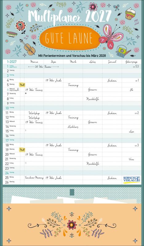 Multiplaner 2027, Gute Laune. Kalender mit Illustrationen von Blumen, Schmetterling und Instrumenten.