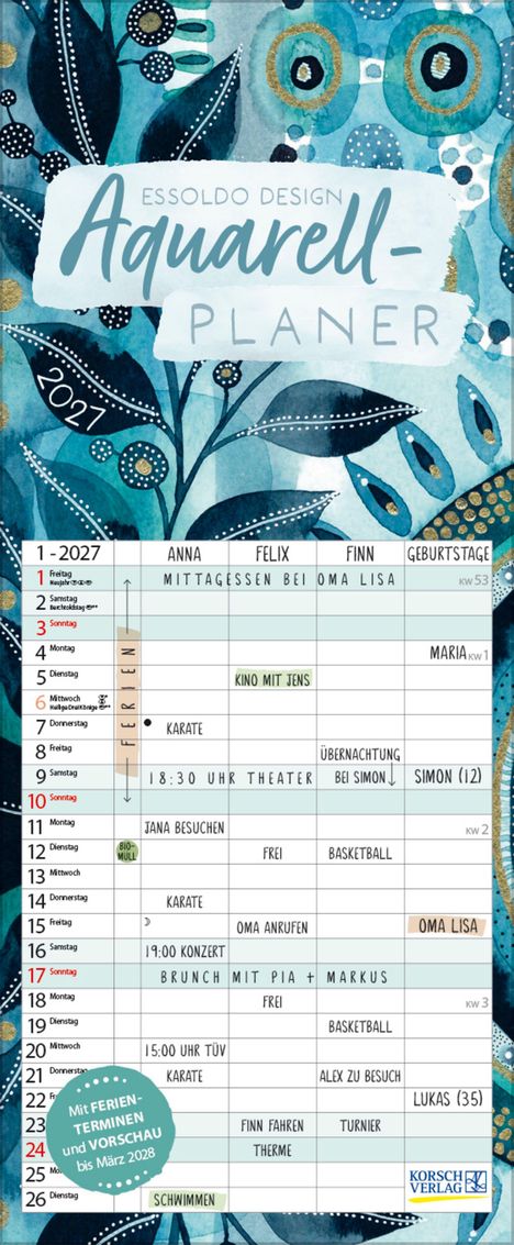 „ESSOLDO DESIGN Aquarell-Planer 2021.“ Ein Kalender mit blauen Blumen und verschiedenen Terminen.