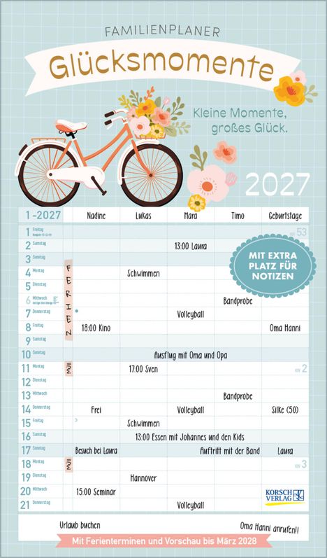 Familienplaner „Glücksmomente“ 2027, Fahrrad-Illustration mit Blumen, zusätzlicher Platz für Notizen, Urlaubsbuchung.