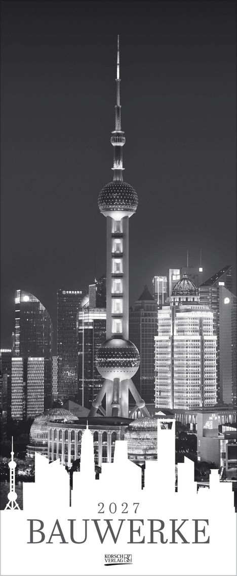 2027 BAUWERKE. Schwarz-weißes Foto eines markanten Turms, umgeben von modernen Hochhäusern.