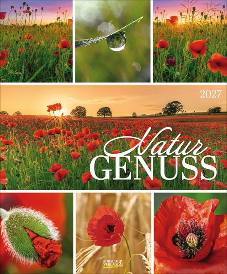 „Naturgenuss 2027“ in geschwungener Schrift ziert ein leuchtendes Mohnblumenfeld bei Sonnenuntergang.