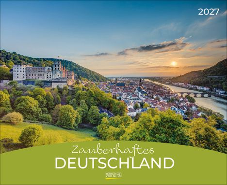 Text: "2027, Zauberhaftes Deutschland". Eine malerische Landschaft mit einer Burgruine, Fluss und Stadt im Sonnenuntergang.