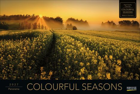 "COLOURFUL SEASONS" und "2027 Panorama" auf einer Landschaft mit gelben Blumen im Sonnenaufgang, umgeben von Bäumen.