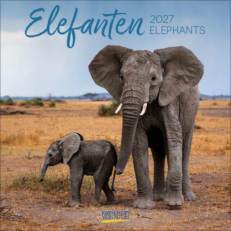 „Elefanten 2027 Elephants“ in blauem Text. Zwei Elefanten, Mutter und Kalb, in einer trockenen Savannenlandschaft.
