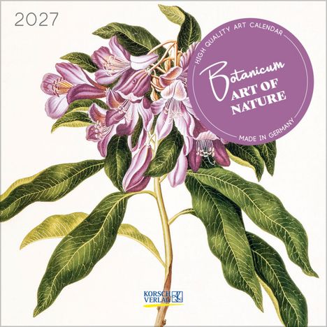 „2027“, „Botanicum Art of Nature“, hochwertiger Kunstkalender. Illustration von lila Blüten und grünen Blättern.