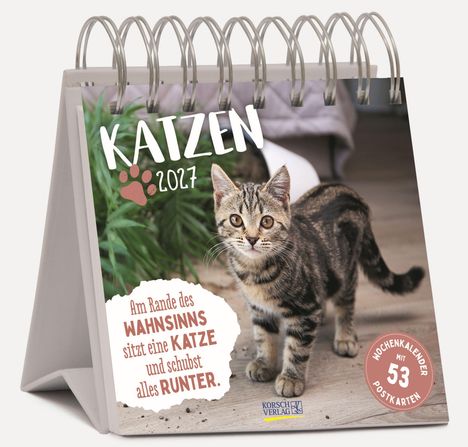„KATZEN 2027“; „Am Rande des WAHNSINNS sitzt eine KATZE und schubst alles RUNTER.“ Illustration eines Kalenders mit Katze.