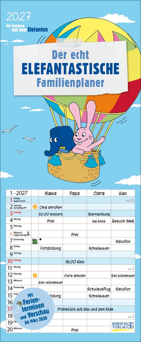 "Der echt ELEFANTASTISCHE Familienplaner". Ein blauer Elefant und rosa Kaninchen in einem Heißluftballon.