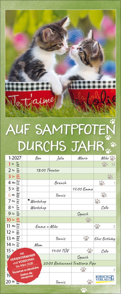 "Auf Samtpfoten durchs Jahr." Zwei Kätzchen in Schüsseln, Kalender mit Terminen, Pfotenabdrücke zieren die Seiten.