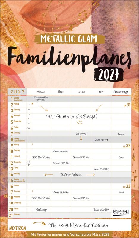 Metalic Glam Familienplaner 2027. Kalender mit Terminen wie "Wir fahren in die Berge" und "Klassentreffen 18:00 Uhr".
