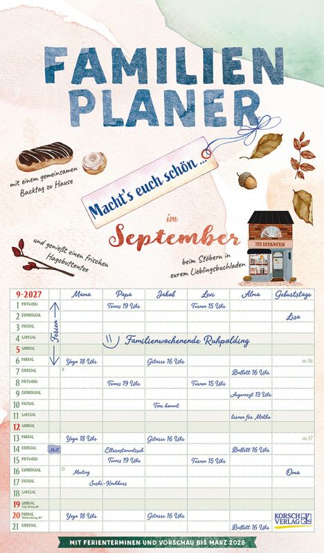 Ein Familienplaner mit Text zu Aktivitäten und Terminen im September, wie "Tennis", "Gitarre", und "Familienwochenende".