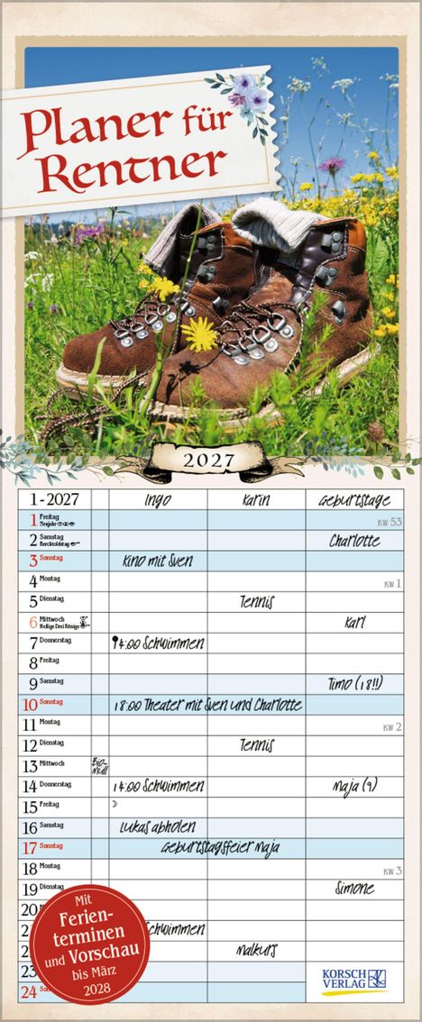 „Planer für Rentner“ steht auf einem Briefmarken-ähnlichen Design, dekoriert mit Blumen. Darunter Wanderschuhe auf einer Wiese.