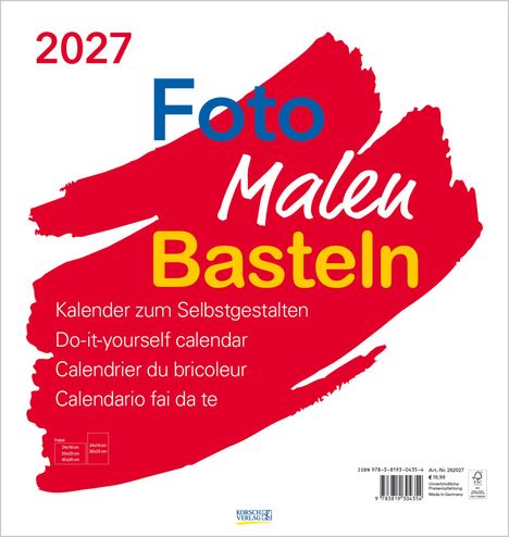 Text: "2027 Foto Malen Basteln Kalender zum Selbstgestalten". Hintergrund: rote Pinselstriche.