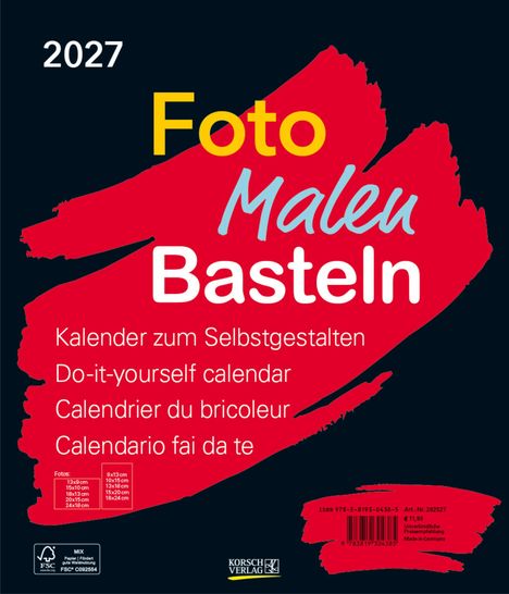 2027, Foto Malen Basteln, Kalender zum Selbstgestalten in buntem, modernem Design mit rotem Hintergrund.