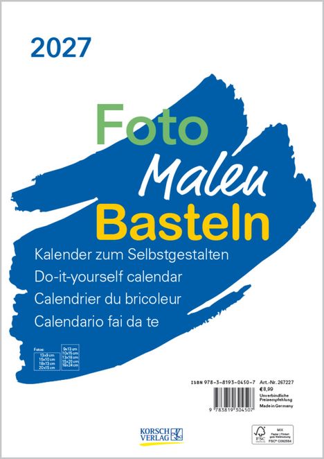 2027. Foto Malen Basteln. Kalender zum Selbstgestalten. Do-it-yourself. Blauer Pinselstrich im Hintergrund.
