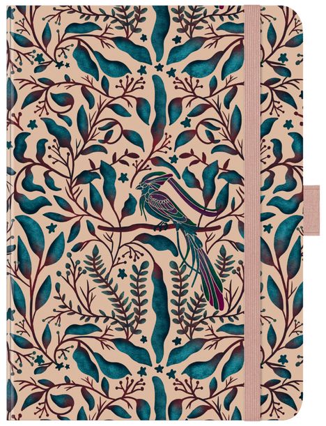 Kein Text. Florales Muster mit Vogel auf beige Hintergrund; türkis und bordeaux Farben. Notizbuch mit Gummiband.