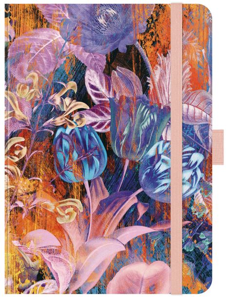 Auf farbenfrohem Hintergrund sind blau-lila Blumen und Blätter in einer lebhaften Komposition zu sehen.