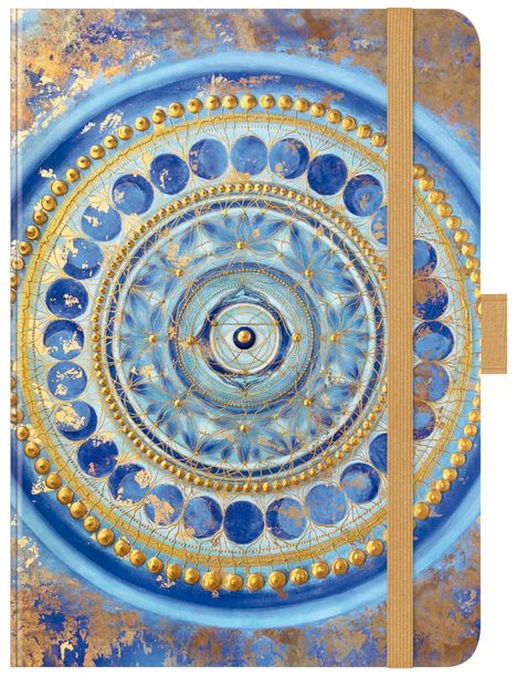 Eine Mandala-Illustration, reich verziert in Blau- und Goldtönen mit symmetrischen Kreisen und floralen Mustern.