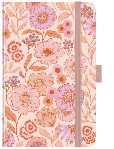 Notizbuch mit floralen Mustern in Rosa und Orange, elastisches Band und Stifthalter.