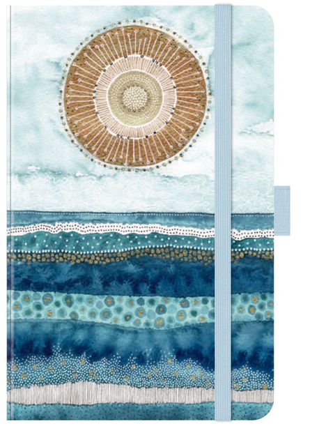 Illustration eines stilisierten Sonnenmotivs oben, darunter blaue und goldene Streifen wie Wellen, mit einem Gummiband.