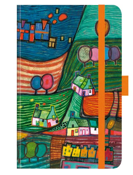 Bunte Illustration mit abstrakten Häusern und Landschaften, lebhafte Farben und verspielte Formen.