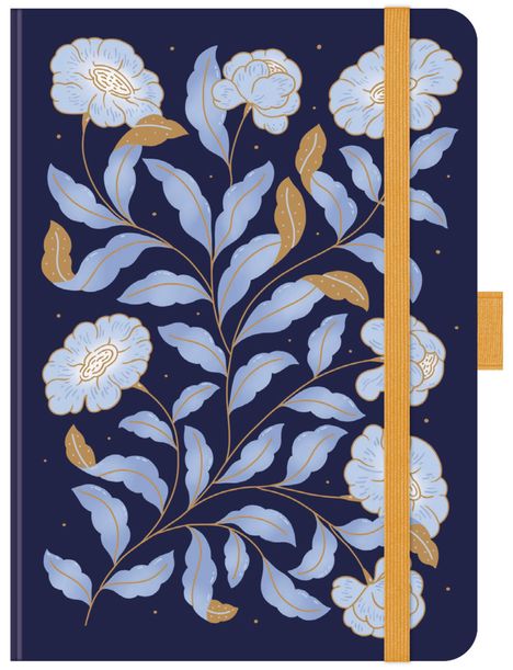 Florales Notebook-Cover mit blauen Blumen und Blättern auf dunkelblauem Hintergrund, Akzente in Gold.
