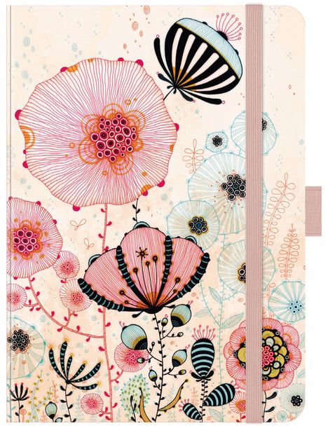 Keine Texte erkennbar. Illustration mit stilisierten, bunten Blumen und floralen Mustern auf hellem Hintergrund.