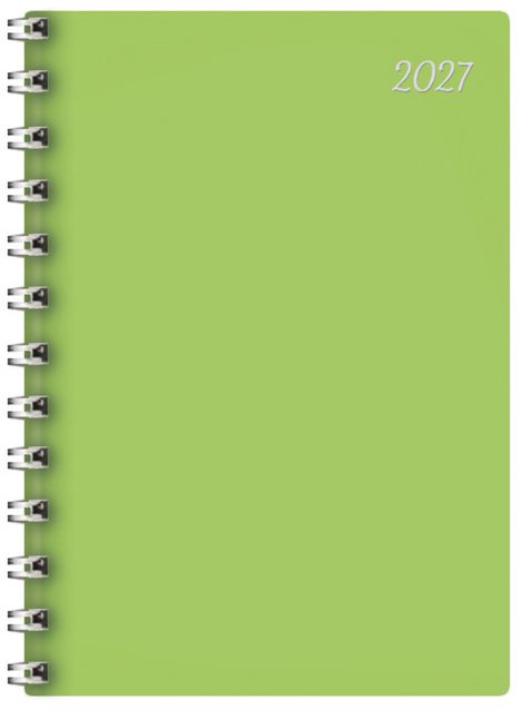 Text: "2027". Ein hellgrüner Spiralblock mit Metallringen.