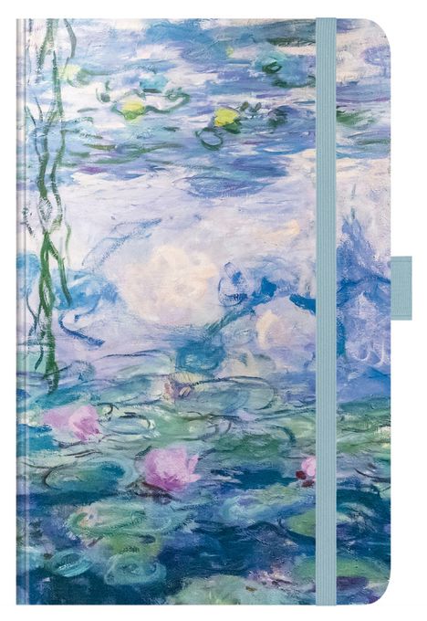 Illustration eines impressionistischen Seerosenteichs mit rosa Seerosen und welligem Wasser in Blau- und Grüntönen.