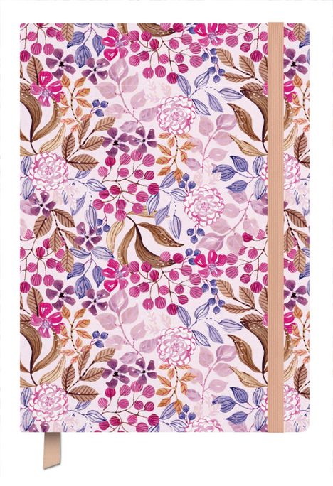 Keine Texte vorhanden. Einfarbiges Notizbuch mit floralem Muster in Pink, Lila und Braun, beige Gummiband und Lesezeichen.