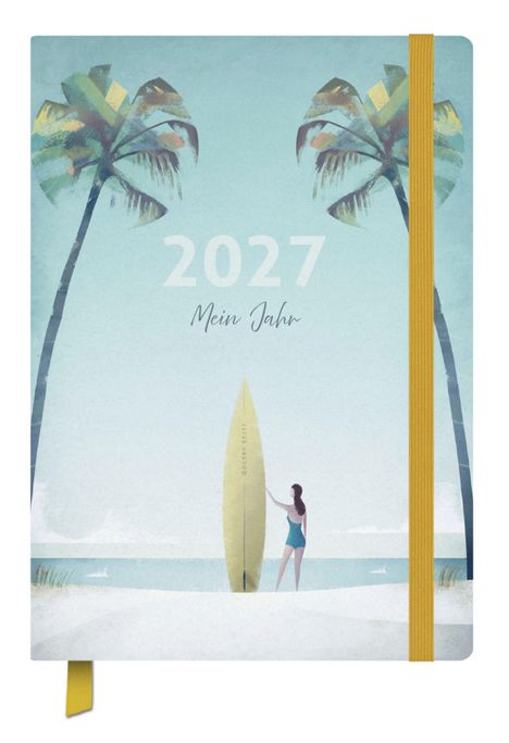 „2027, Mein Jahr“. Illustration: Frau steht am Strand mit Surfbrett, flankiert von zwei Palmen.