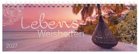 „Lebens-Weisheiten 2027“ vor einem Strand bei Sonnenuntergang. Mandala-Muster in den Ecken.