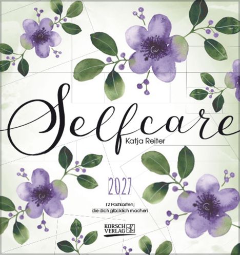 „Selfcare“, Katja Reiter, 2027, 12 Postkarten, die dich glücklich machen. Illustration mit violetten Blumen und grünen Blättern.
