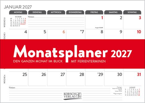 Kalender für Januar 2027 mit rotem Banner: "Monatsplaner 2027". Wochenbeginn Montag. Feiertage markiert.