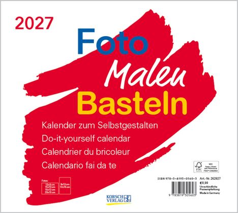 2027 Foto Malen Basteln. Kalender zum Selbstgestalten. Korsch Verlag Logo, roter Hintergrund, weiße Schrift.