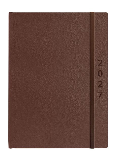 Ein brauner Kalender mit der Prägung "2021" und einem elastischen Band rechts.