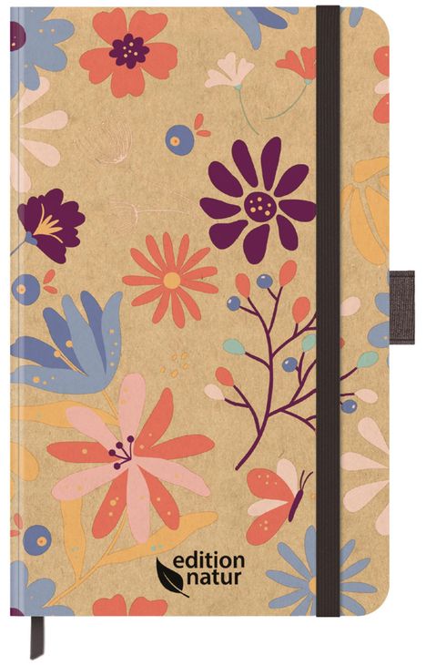 Text: "edition natur". 
Buntes Blumenmuster und Schmetterlinge auf braunem Hintergrund, elastisches Band an der Seite.