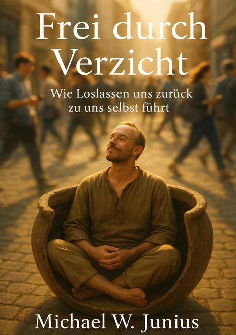 „Frei durch Verzicht“, „Wie Loslassen uns zurück zu uns selbst führt“, „Michael W. Junius“. Mann sitzt entspannt in einem großen Gefäß.