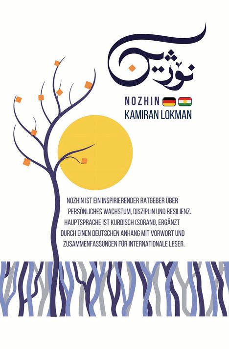 Text über persönliches Wachstum, Disziplin und Resilienz, kurdische Hauptsprache, illustriert mit stilisiertem Baum und Sonne.