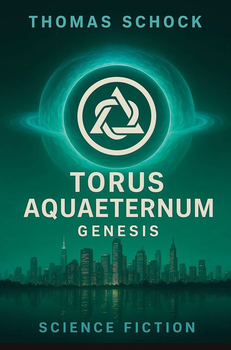 "THOMAS SCHOCK. TORUS AQUAETERNUM GENESIS. SCIENCE FICTION". Ein futuristisches Logo vor einer grünen Stadtsilhouette.