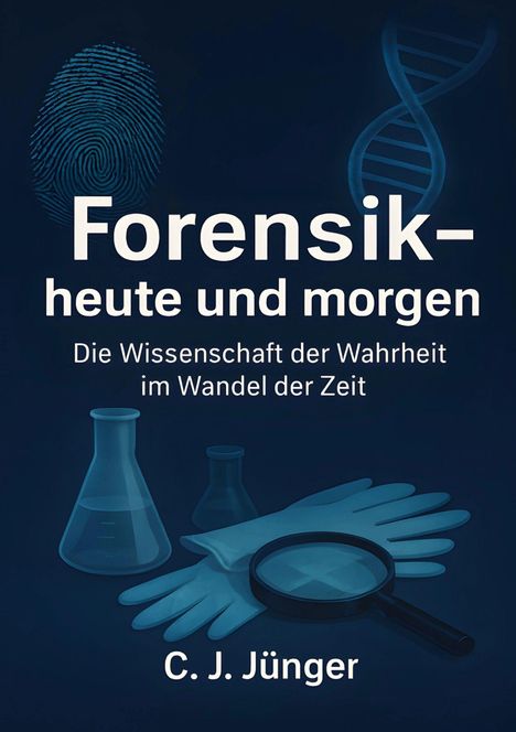 "Forensik – heute und morgen. Die Wissenschaft der Wahrheit im Wandel der Zeit. C. J. Jünger." Illustration: Fingerabdruck, DNA-Helix, Laborgeräte.