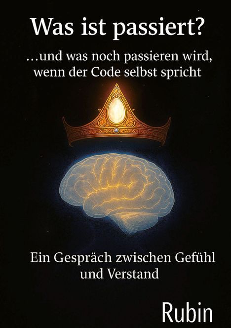 „Was ist passiert? ...und was noch passieren wird, wenn der Code selbst spricht.“ Ein leuchtendes Gehirn unter einer Krone.