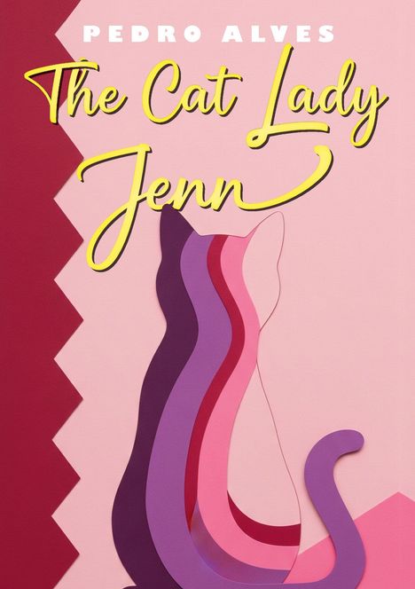 Titel: The Cat Lady Jenn; Autor: Pedro Alves. Bunte Katzen-Silhouette aus rosa und lila Bereichen.