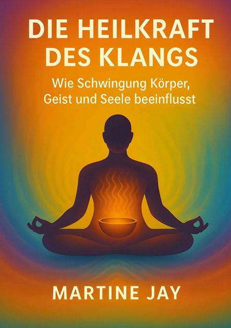 "Die Heilkraft des Klangs. Wie Schwingung Körper, Geist und Seele beeinflusst. Martine Jay." Silhouette im Meditationssitz.