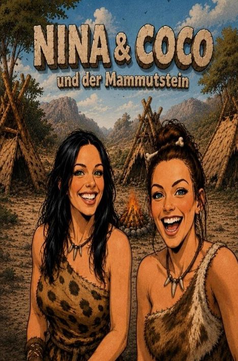 „Nina & Coco und der Mammutstein“. Zwei lachende Frauen in Fellkleidung, Tipis und Lagerfeuer im Hintergrund.