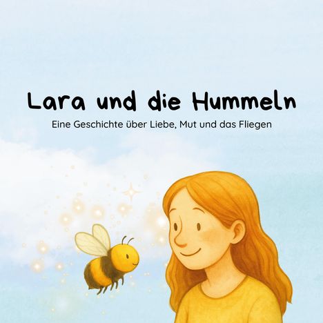 Text: "Lara und die Hummeln. Eine Geschichte über Liebe, Mut und das Fliegen." Illustration eines Mädchens und einer Hummel.