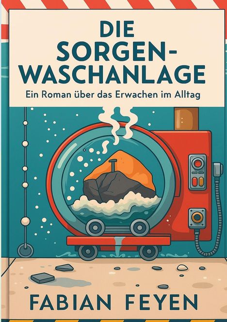 "Die Sorgen-Waschanlage: Ein Roman über das Erwachen im Alltag" von Fabian Feyen. Illustration einer Waschmaschine.